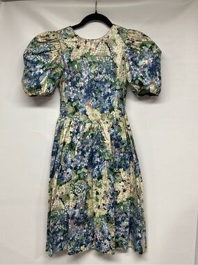 Floral Puff Sleeve Dress in Blue & Green